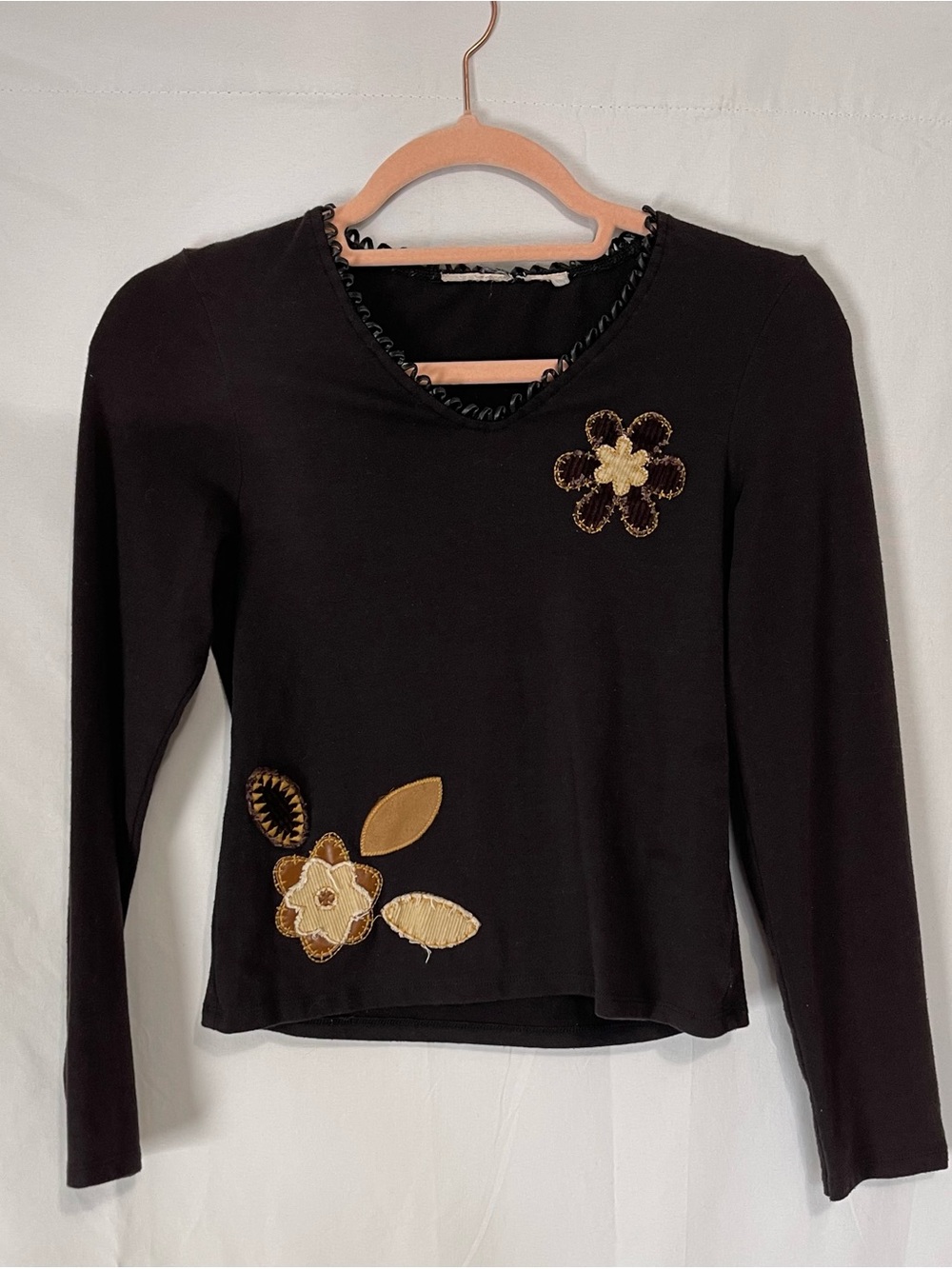 Y2K brand 2000s girls brown long sleeve leather trim flower details retro Large
